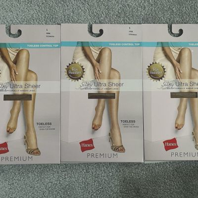 3 Hanes Premium Silky Ultra Sheer Control Top Toeless Pantyhose Nude Sz S New
